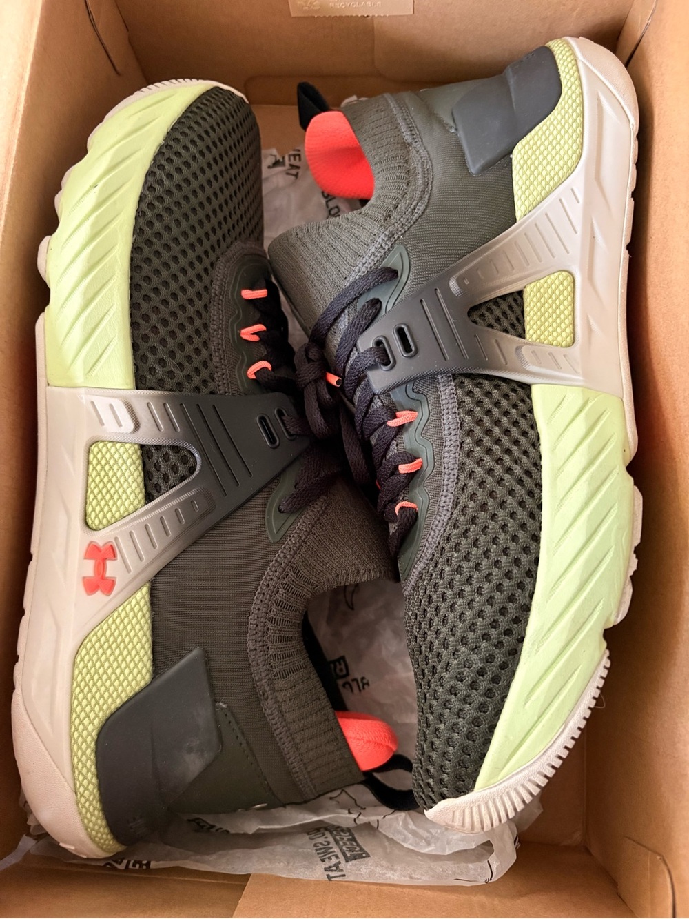 Under Armour Men’s Olive Green and Neon Coral Accent Athletic Shoes